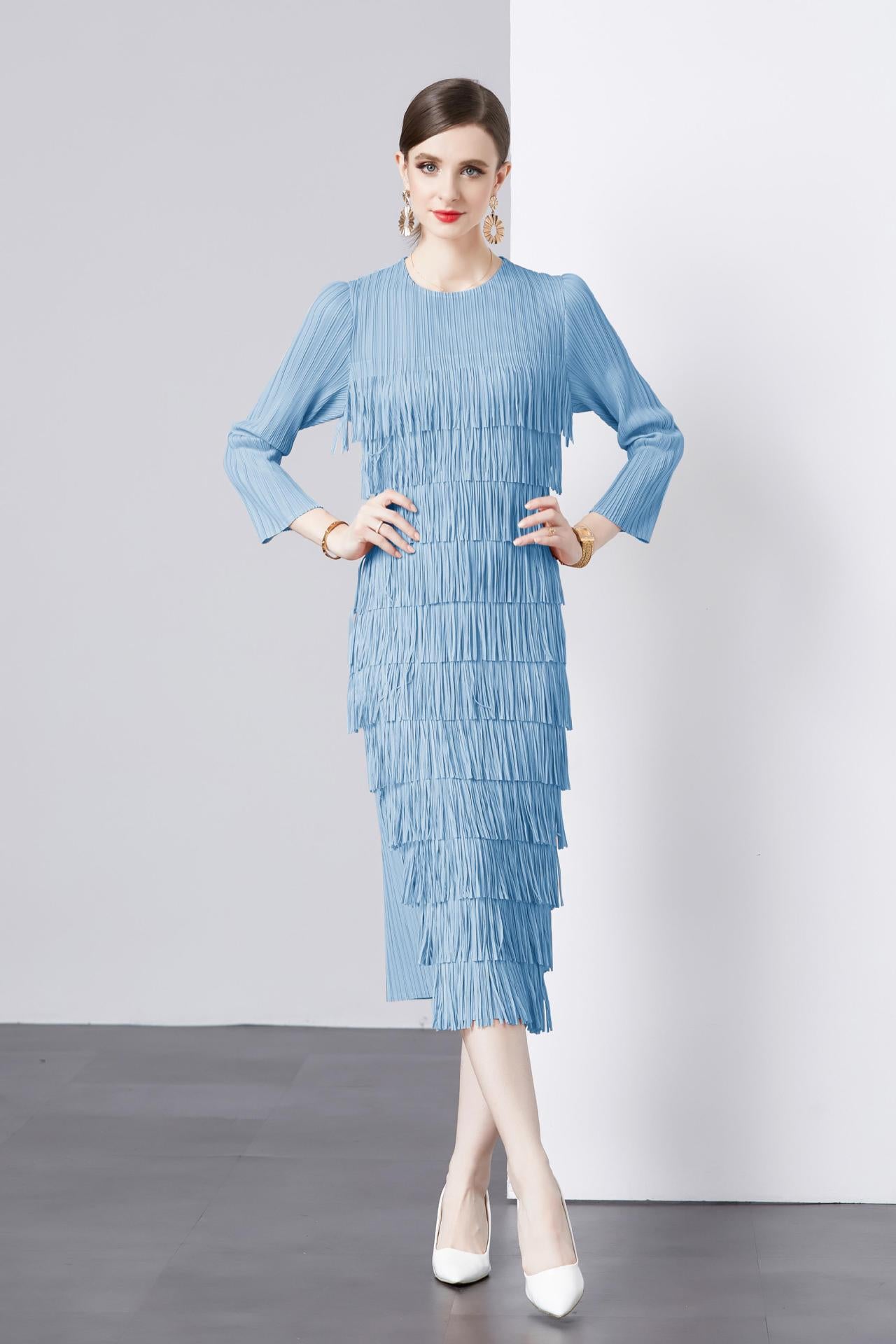 Three Quarter Sleeve Cake Dress Pleated