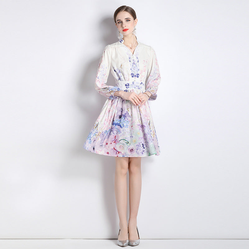 Robe élégante à manches longues et col en V vintage imprimé floral printemps