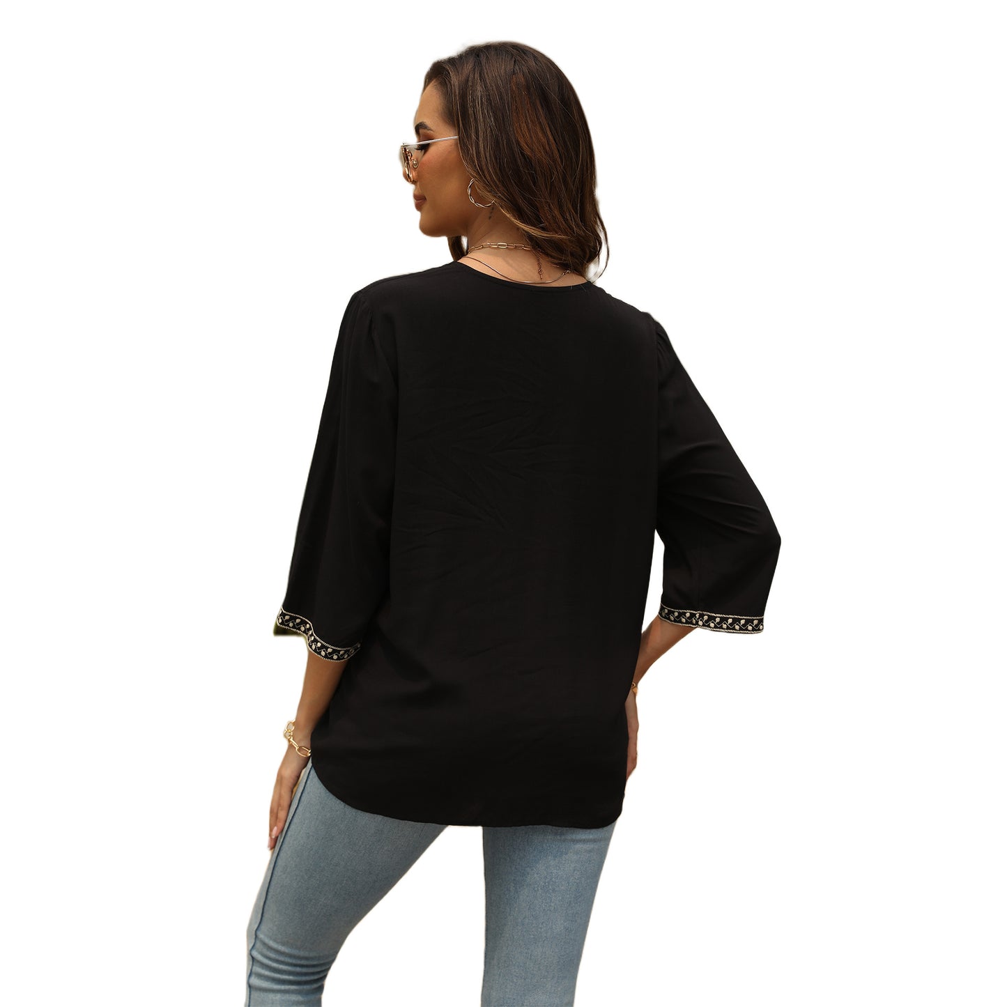 Women's V-neck Embroidered Top