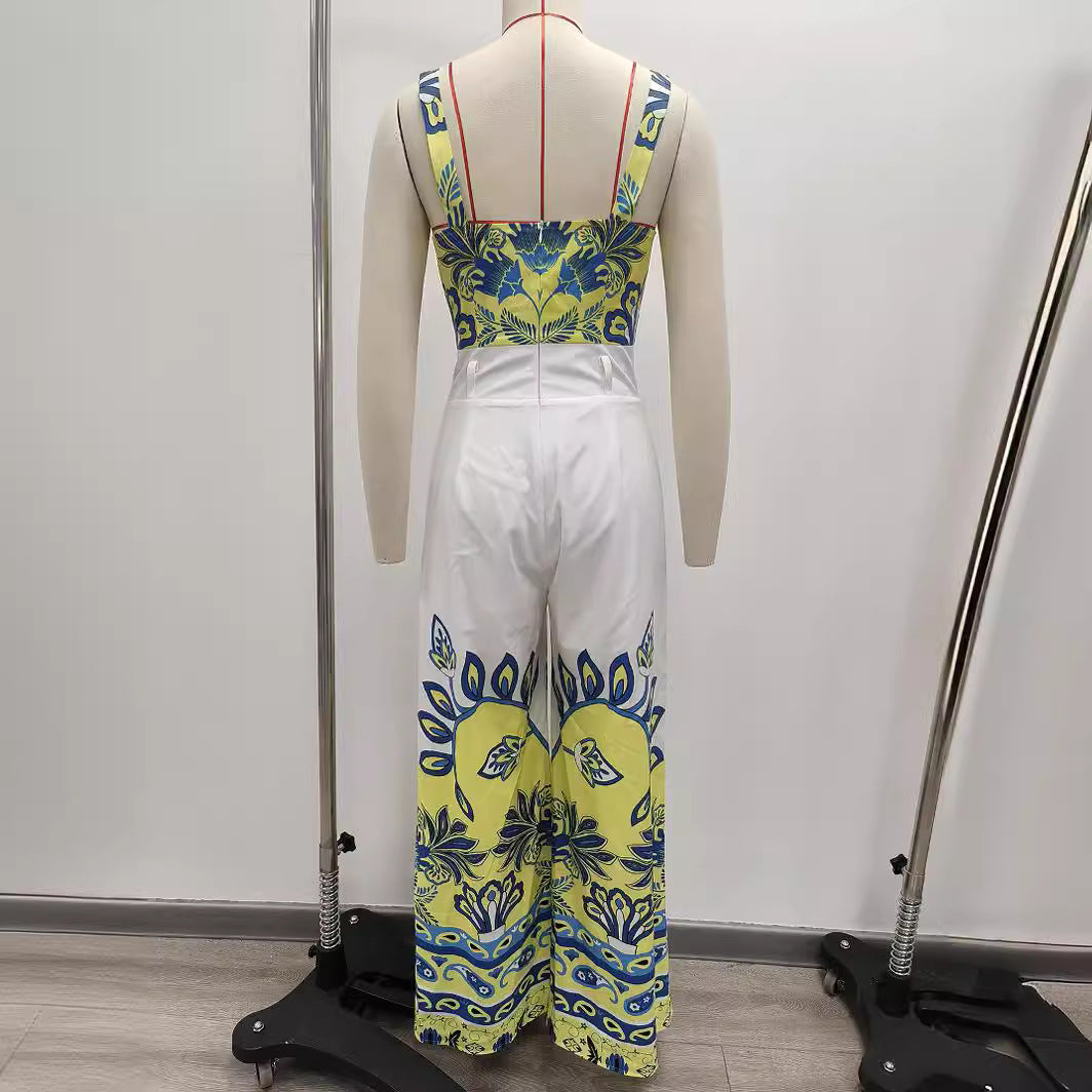 Yellow Printings Sling High Waist Women's Long Jumpsuit