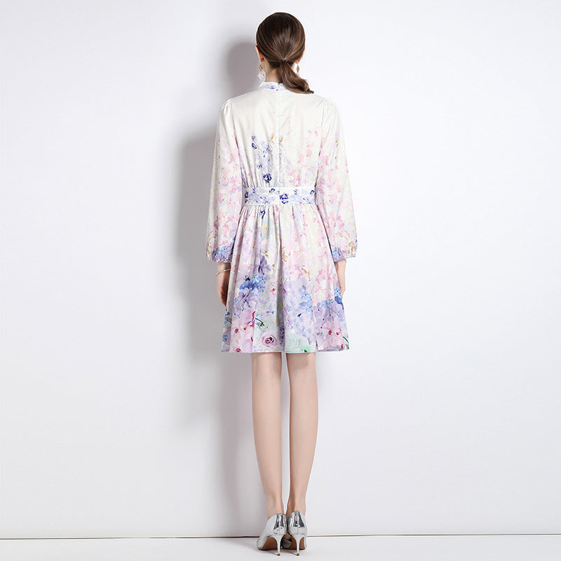 Robe élégante à manches longues et col en V vintage imprimé floral printemps