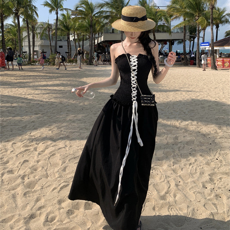 Travel Photos Black Chest Strap Smocking Strapless Dress