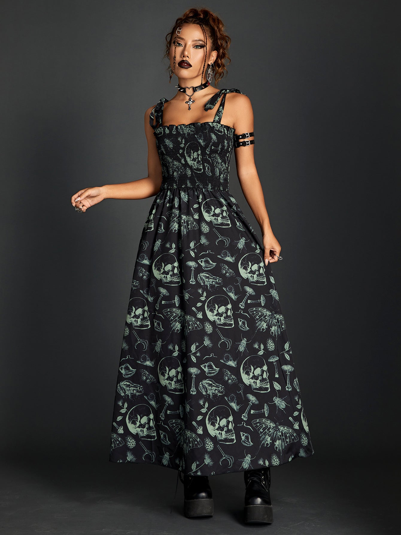 Dark Printing Smocking Lace-up Tube Top Dress