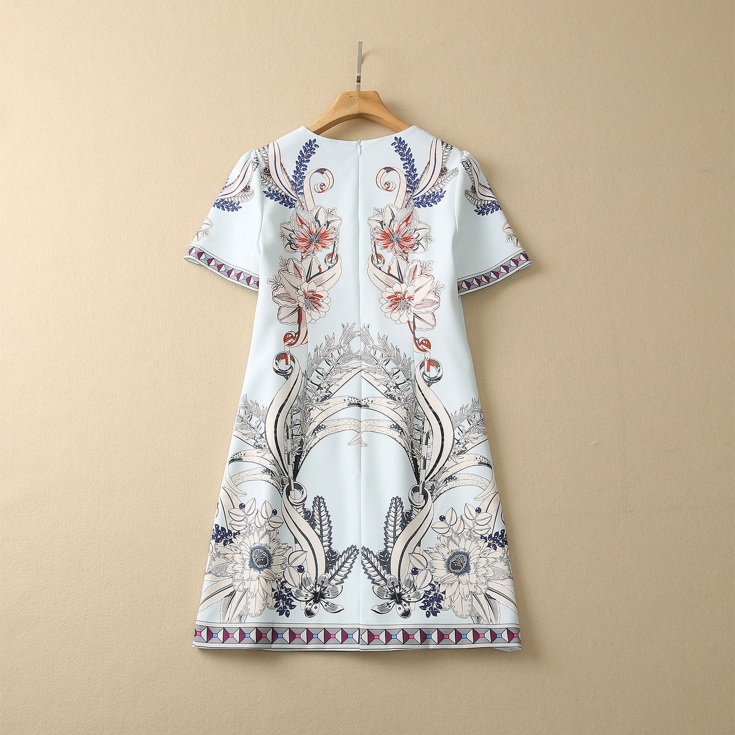 Symmetrical Printed Heavy Industry Beads Diamond Loose Waist Short Sleeve Dress