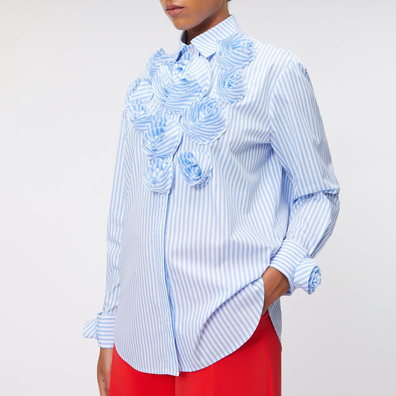 Women's Stitching Flower Decoration Polo Collar Top