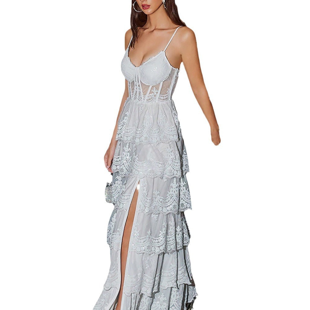 Robe de vacances blanche à col en V et paillettes pour femmes