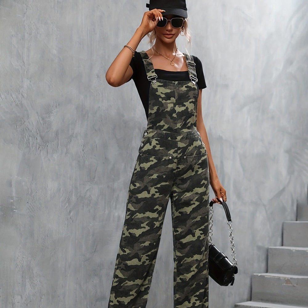 Women's Street Camouflage Large Pocket Straight-leg Denim Suspender Pants