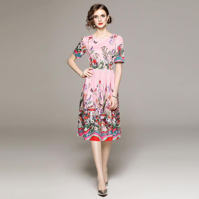 Age-reducing Floral Printed Short Sleeve Dress With Lining