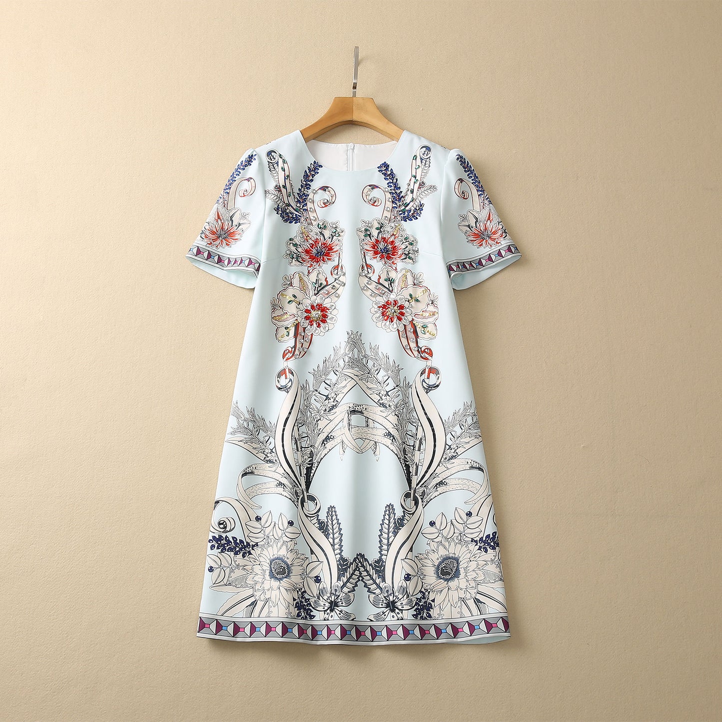 Symmetrical Printed Heavy Industry Beads Diamond Loose Waist Short Sleeve Dress