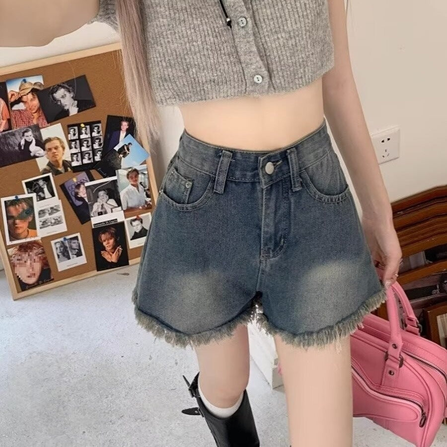 Short en Denim à franges de Style américain, amincissant et à jambes larges, taille haute, ample