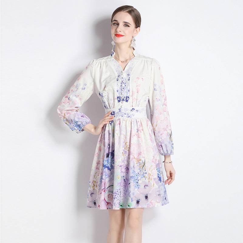 Robe élégante à manches longues et col en V vintage imprimé floral printemps