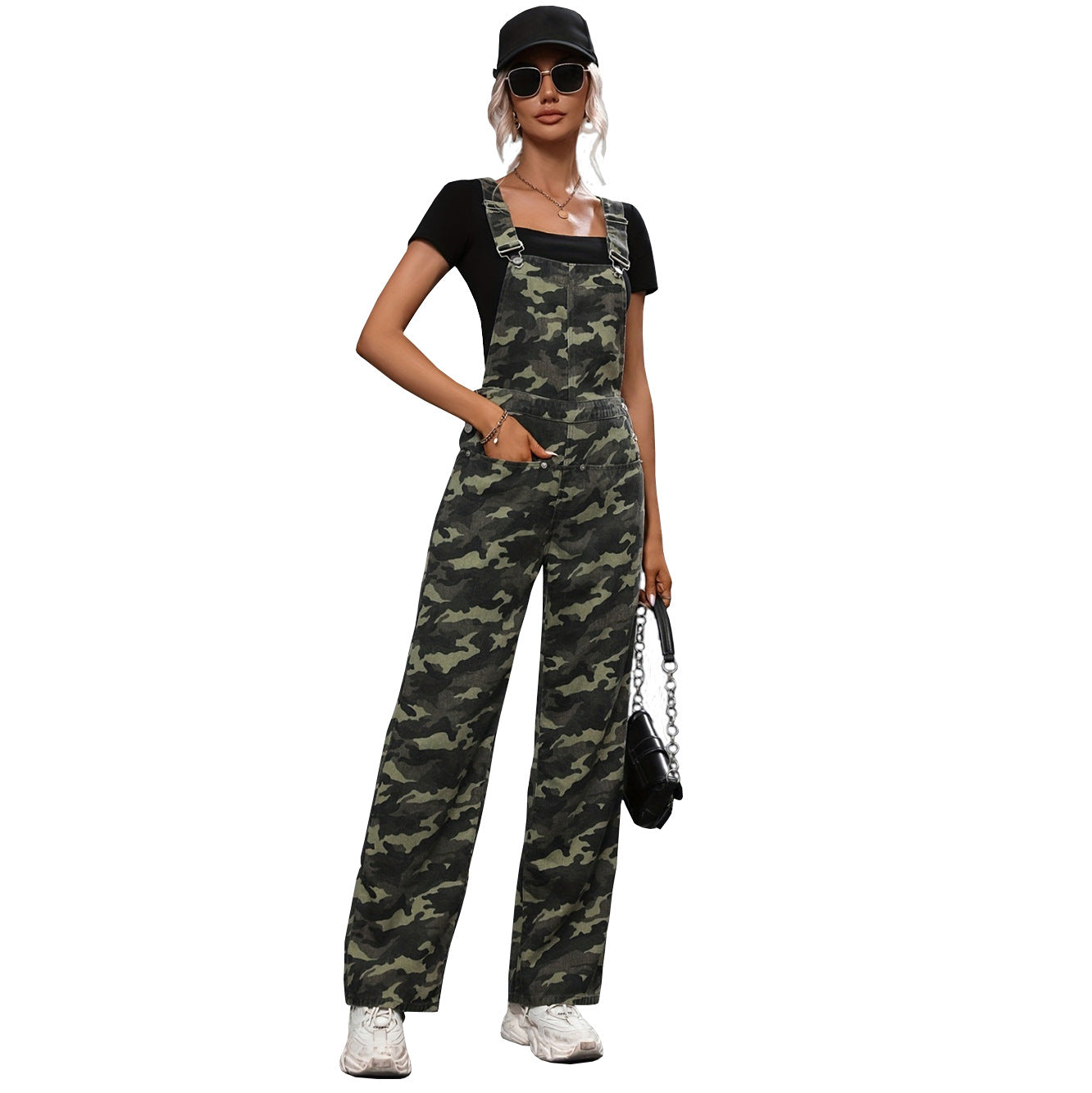 Women's Street Camouflage Large Pocket Straight-leg Denim Suspender Pants