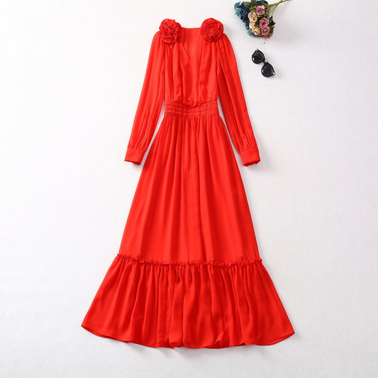 Double-shoulder Flower Long Sleeve V-neck Pleated Waist Dress