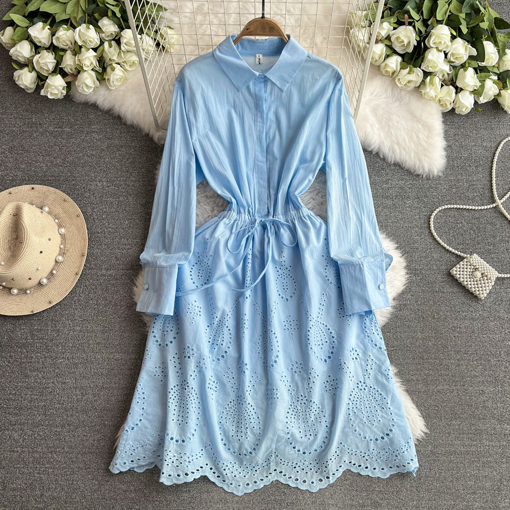 Waist-tight Slimming Lantern Sleeves Shirt Midi Dress