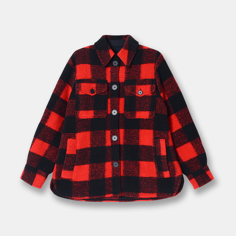 Wool Plaid Short Coat Shirt Collar Women's Loose Top Woolen Coat For Men And Women