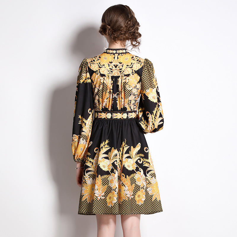 Vintage Printed Lantern Sleeve V-neck Tight Waist Dress