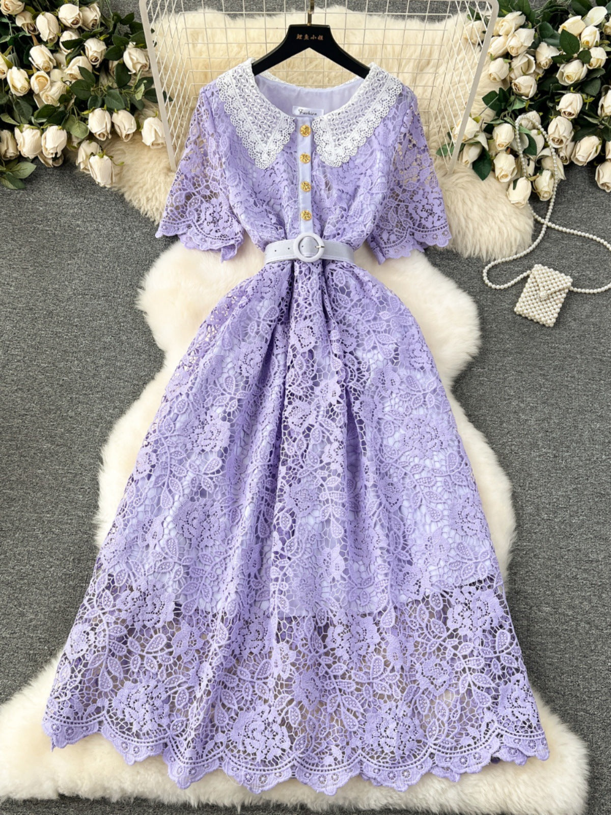 Sweet Contrast Color Doll Collar Breasted Slim-fit Mid-length Lace Dress