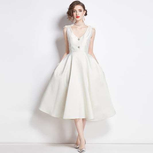 Vintage French Hepburn Style Cream Satin Dress