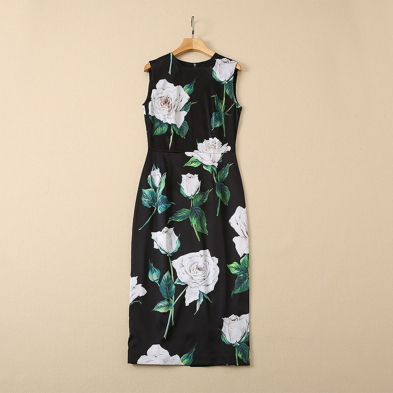 16 M Silkworm Silk Rose Print Sleeveless Dress