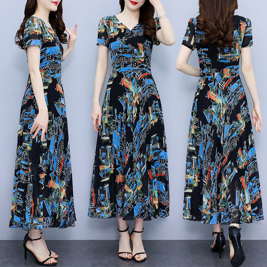 Chiffon Floral Dress Plus Size Plump Girls Waist-tight