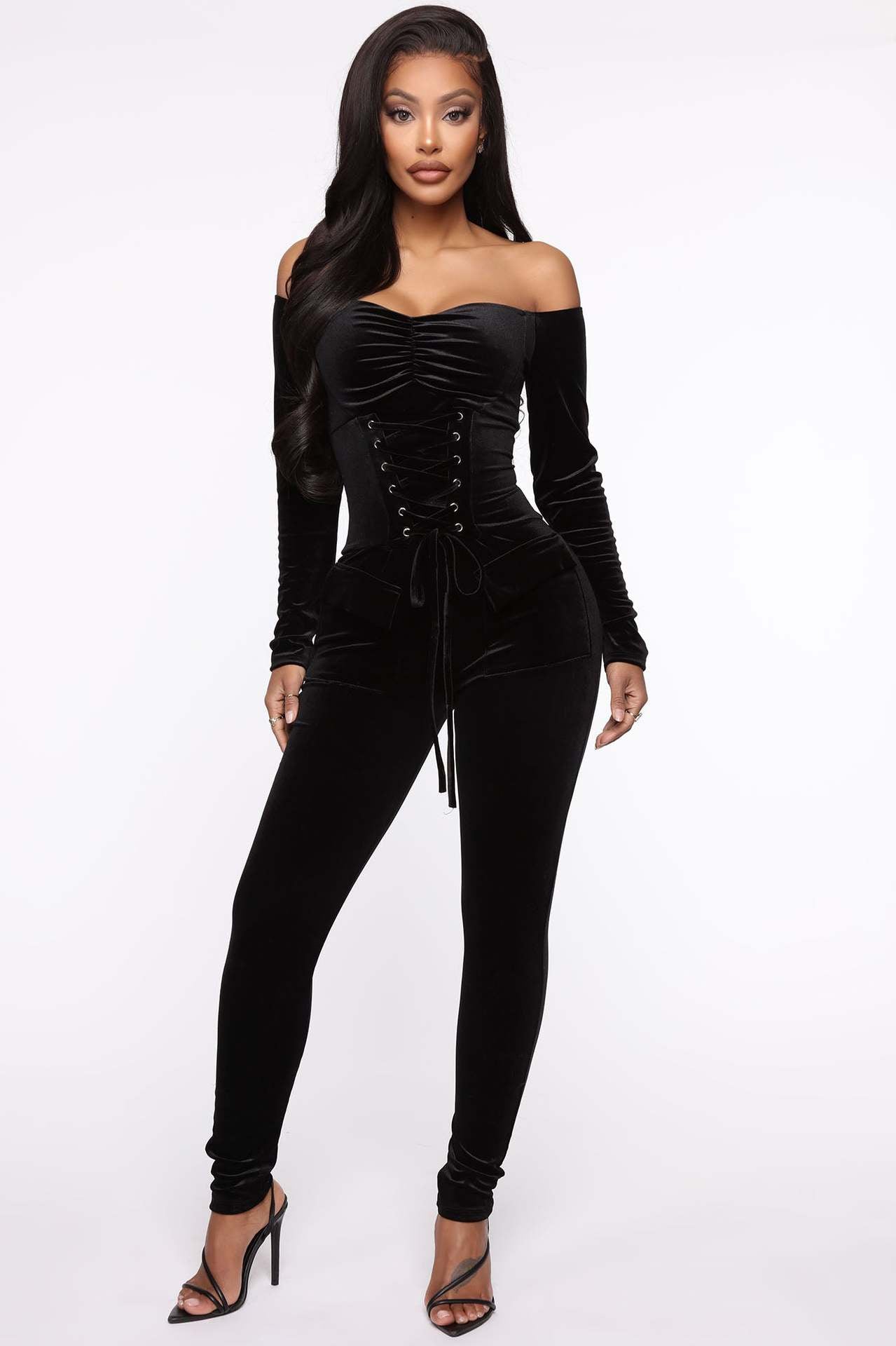 Velvet Off-shoulder Corns Tied Slim Fit Jumpsuit