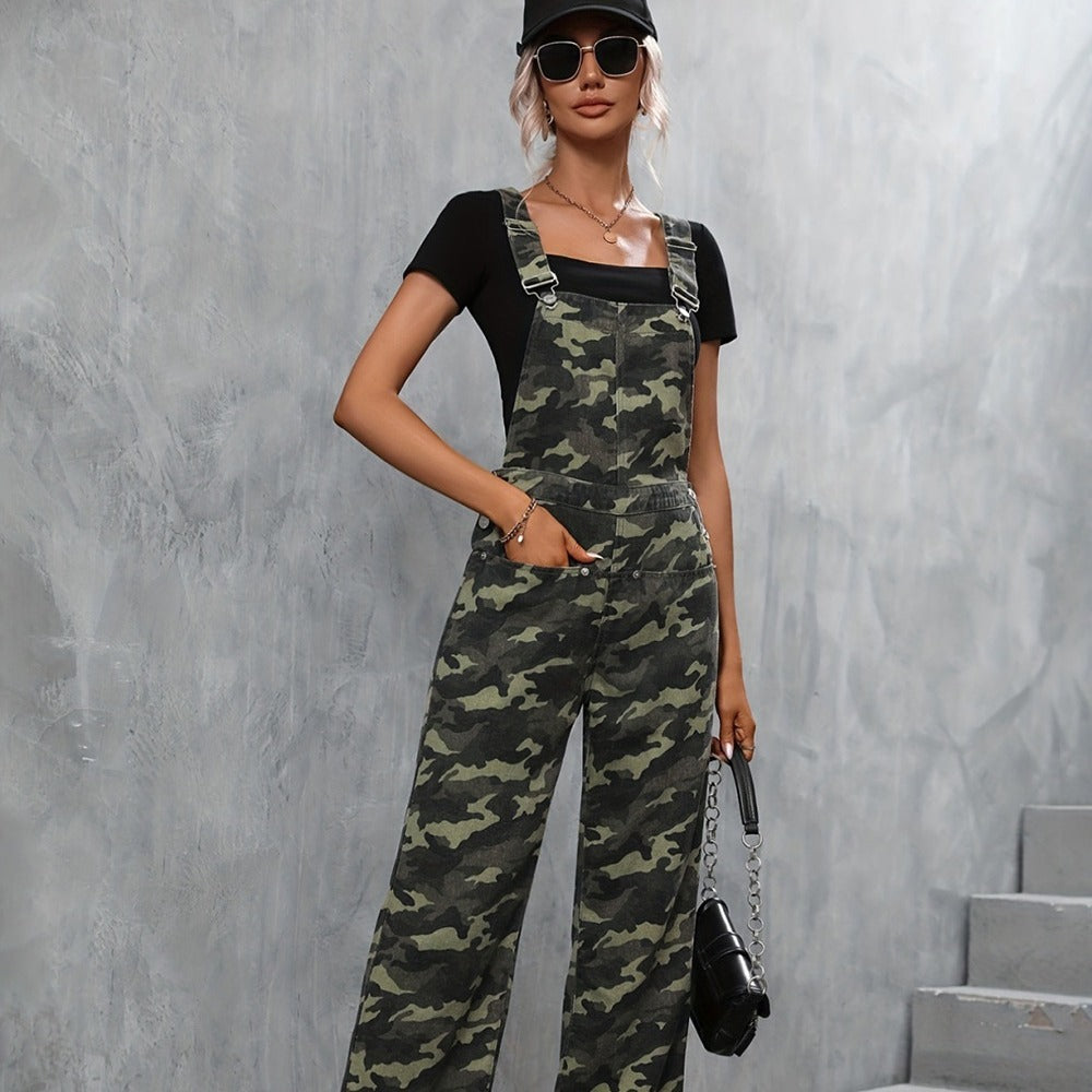 Women's Street Camouflage Large Pocket Straight-leg Denim Suspender Pants