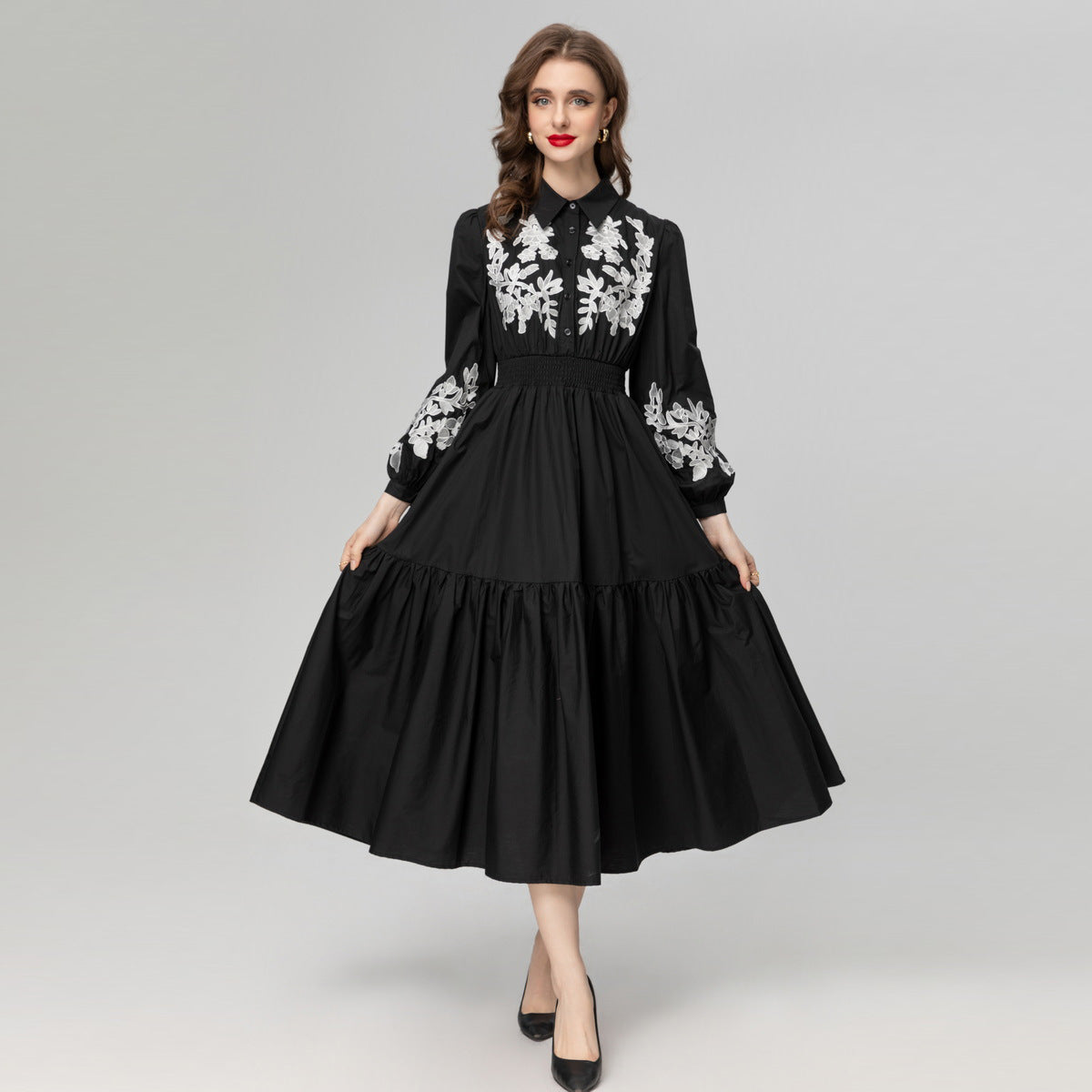 Cotton Embroidery Lapel Elastic Waist Long Sleeve Dress