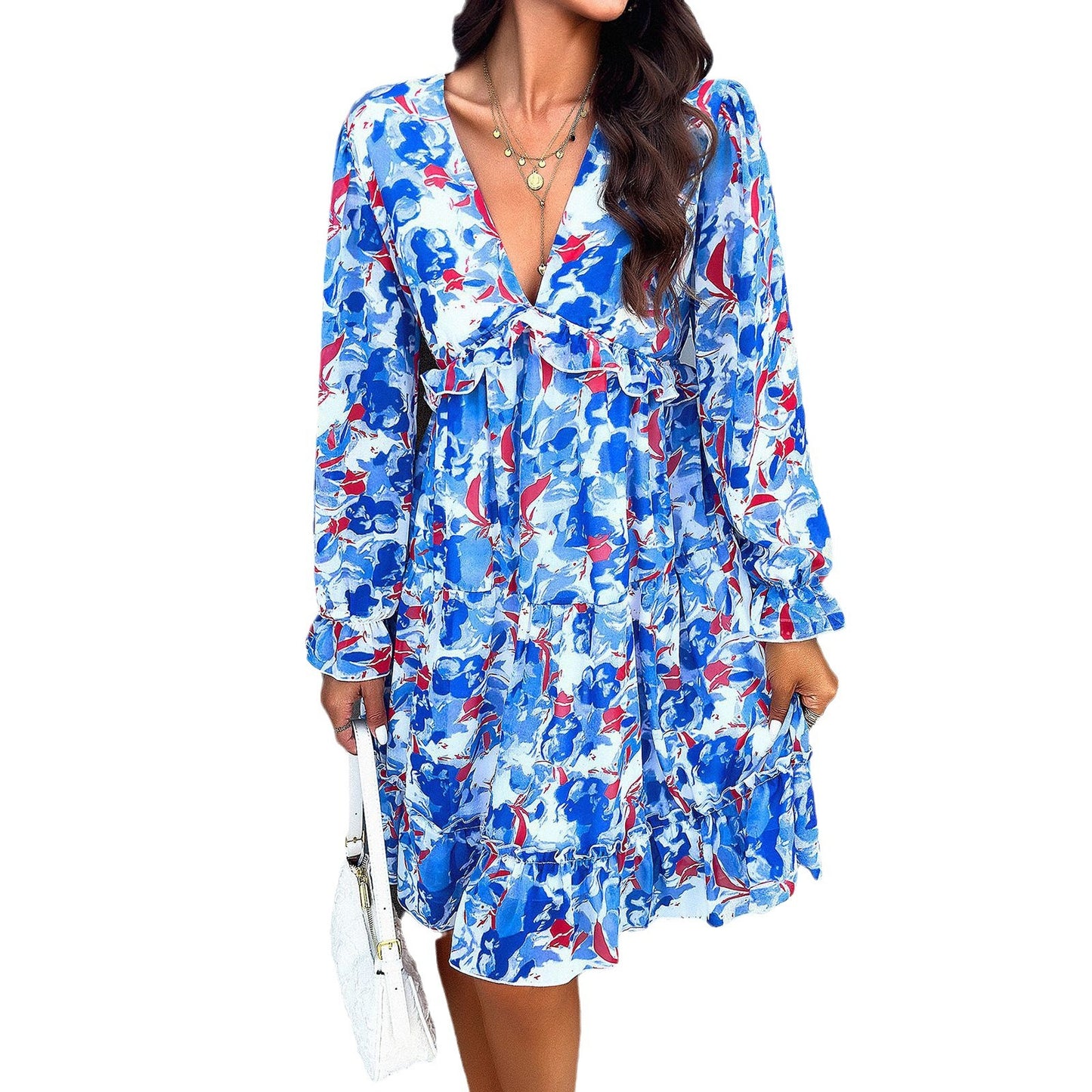 Women's Clothing Temperament Printed V-neck Long-sleeve Dress