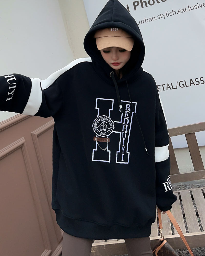 Women's Casual Embroidered Letters Velvet Padded Hooded Sweatshirt