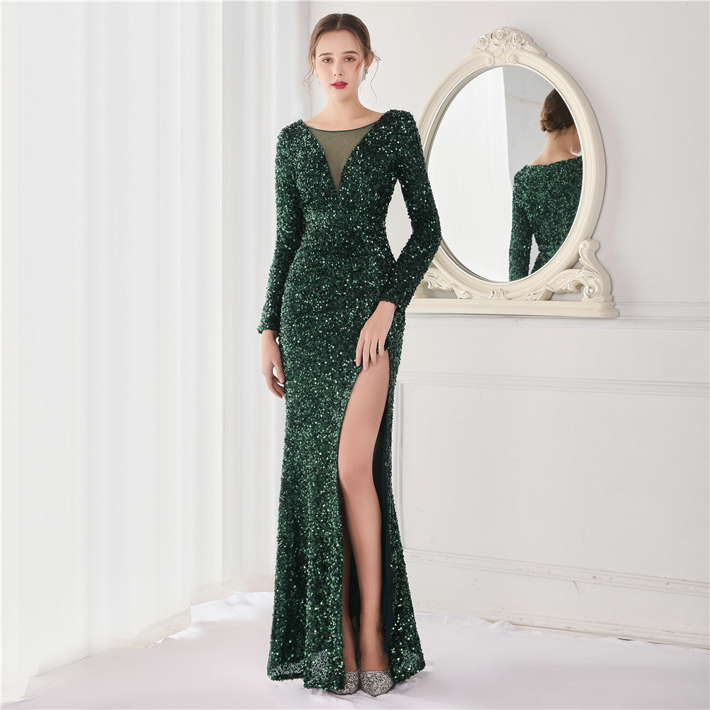 Robe de soirée en queue de poisson, tempérament de banquet, manches longues, paillettes, atmosphère reine