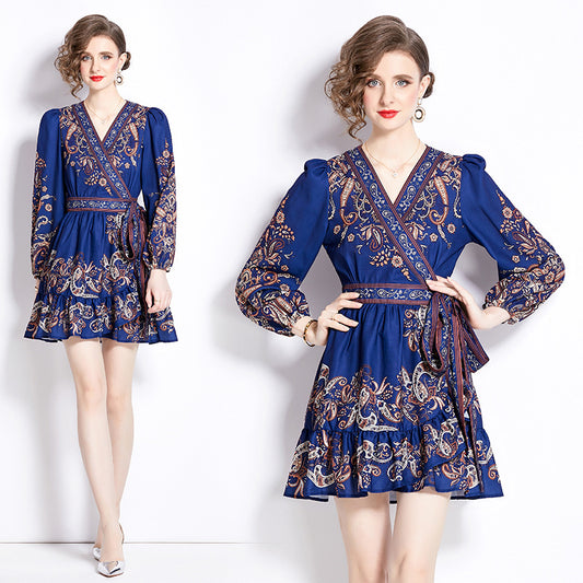 Dark Blue Lace-up Belt Vintage Printed Dress