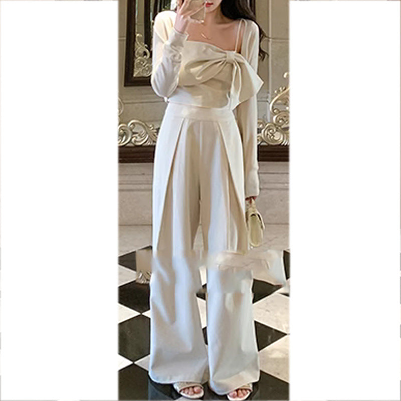 Women's Bow Suspenders Top Wide Leg Pants Suit