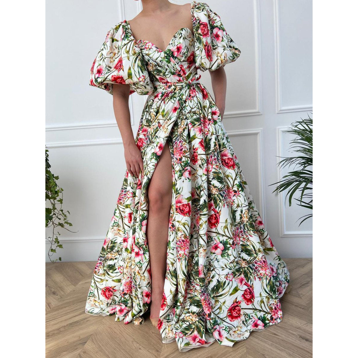 Robe taille haute imprimée en mousseline de soie à col en V pour femmes