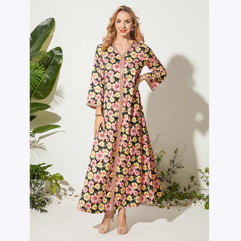 Robe longue de tempérament ample imprimée à col en V