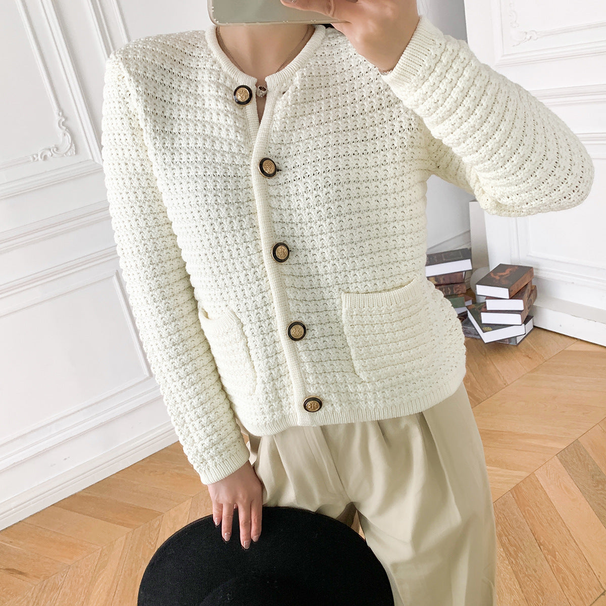 Classic Style Coat Elegant Single-breasted Cotton Sweater Women's Pineapple Pin Top