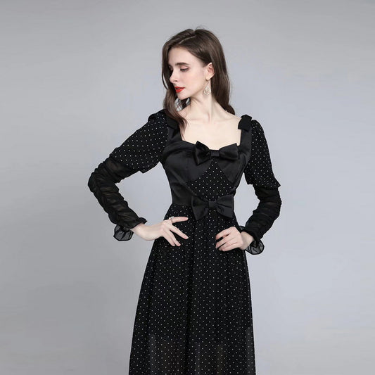 Bow Polka Dot Pleated Long Sleeve Dress