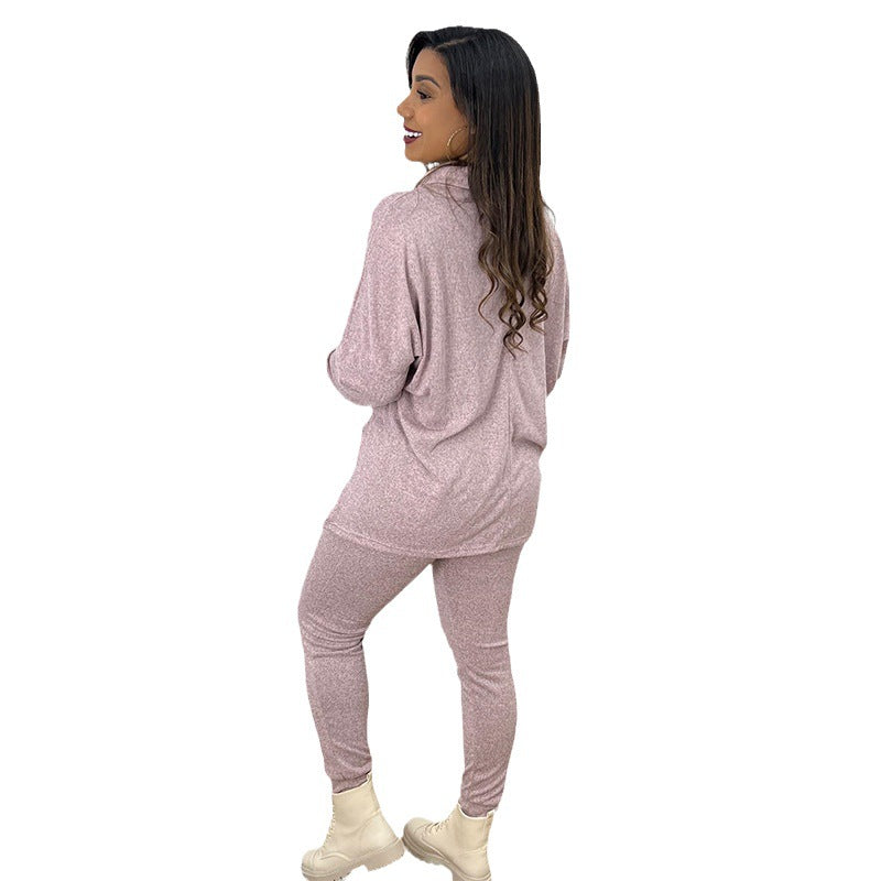 Traje de pantalón y top de manga larga con cuello alto holgado informal a la moda para mujer