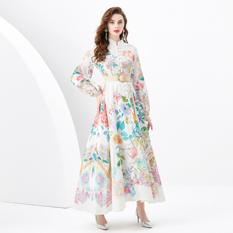 Vacation Style Retro Stand Collar Single-breasted Printed Wide Swing Long Dress