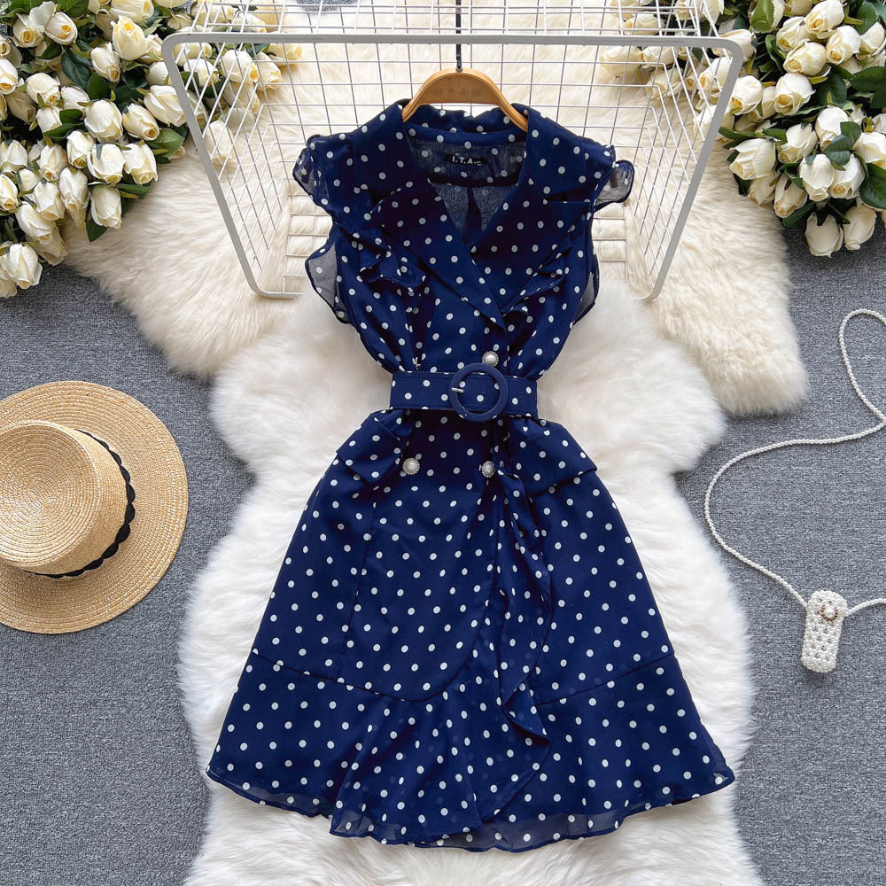 Cold Style Suit Collar Polka Dot Dress