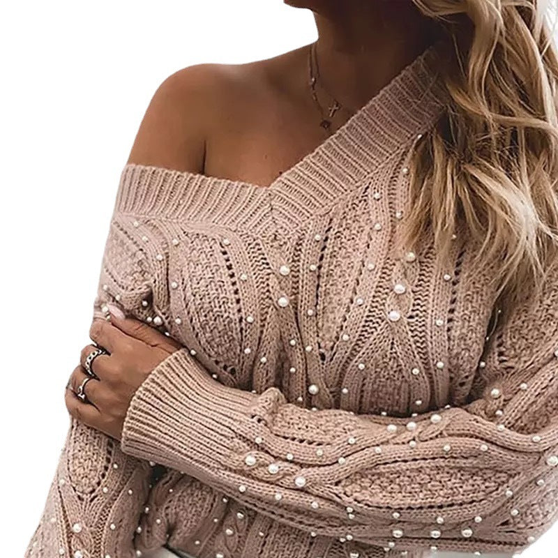 Pull à col torsadé pour femmes, tricot à manches longues et perles