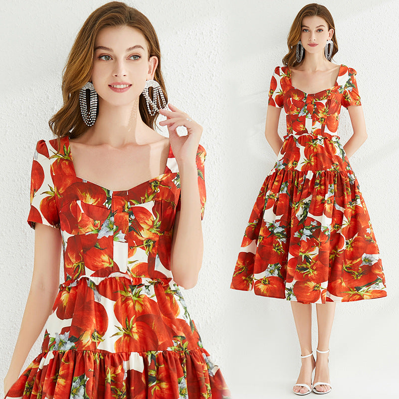 Tomato Red Blossom Color Court Retro Big Swing Square Collar Backless Dress