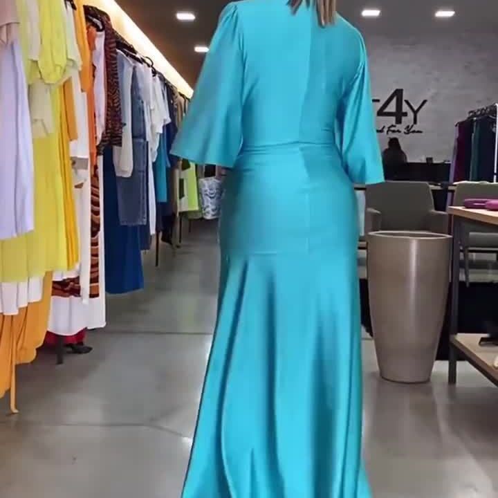 Robe ample plissée à col en v, mode européenne et américaine, couleur unie