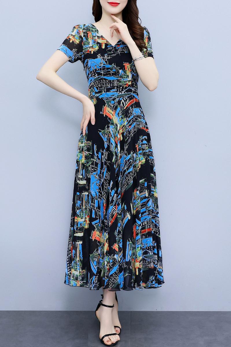 Chiffon Floral Dress Plus Size Plump Girls Waist-tight