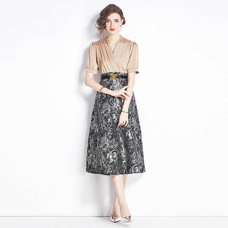 V-neck Jacquard Swing Dress Women