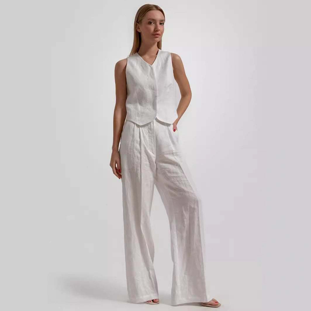 Vest Trousers Pure White V Collar Sleeveless Suit