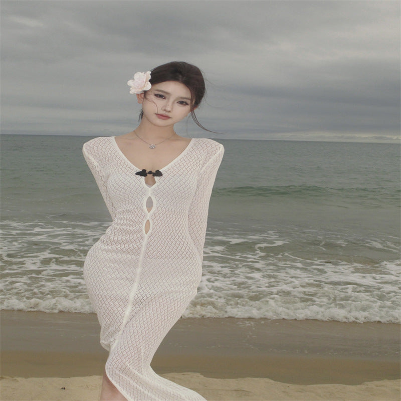 White Vacation Seaside Beach Hollow Fairy Dress