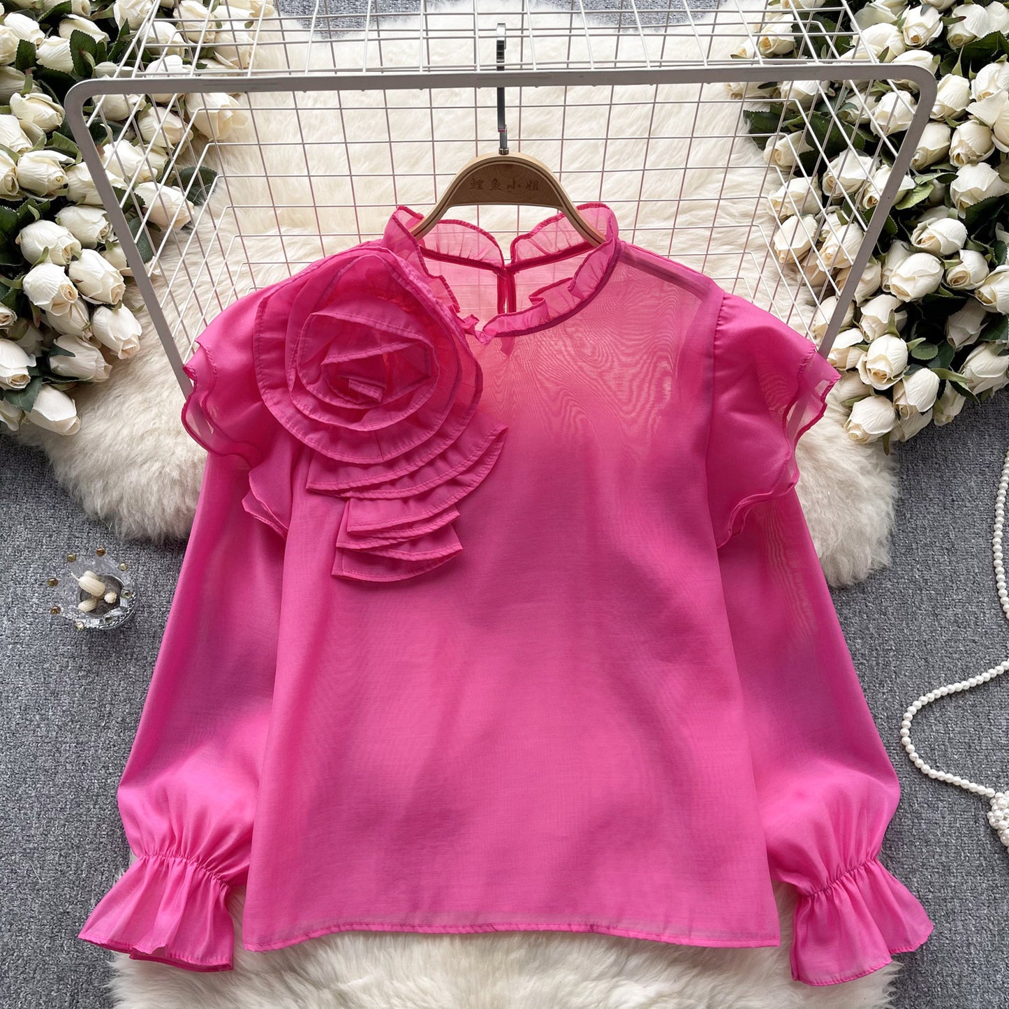 Sweet Ruffled Collar Pullover Puff Sleeve Chiffon Shirt