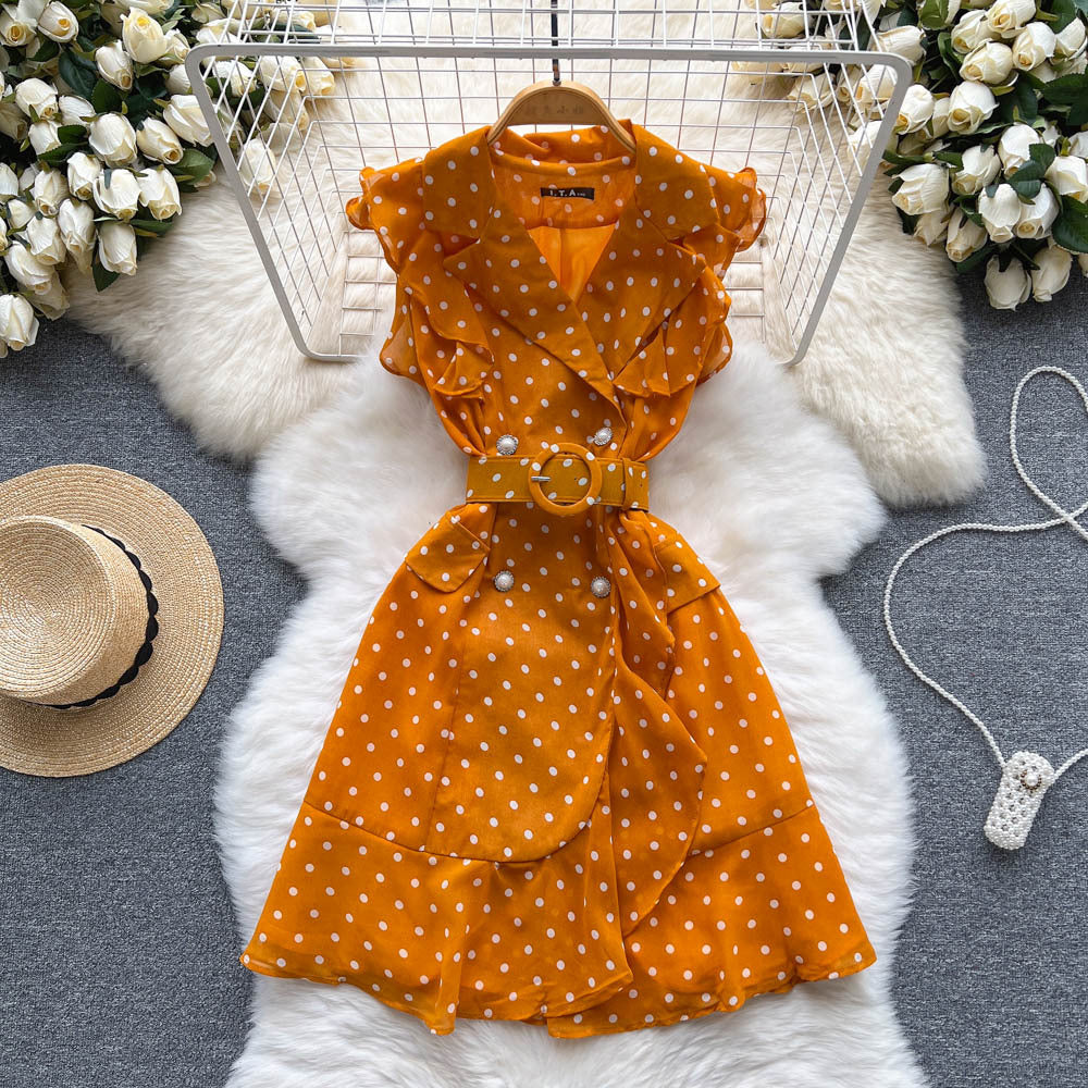 Cold Style Suit Collar Polka Dot Dress