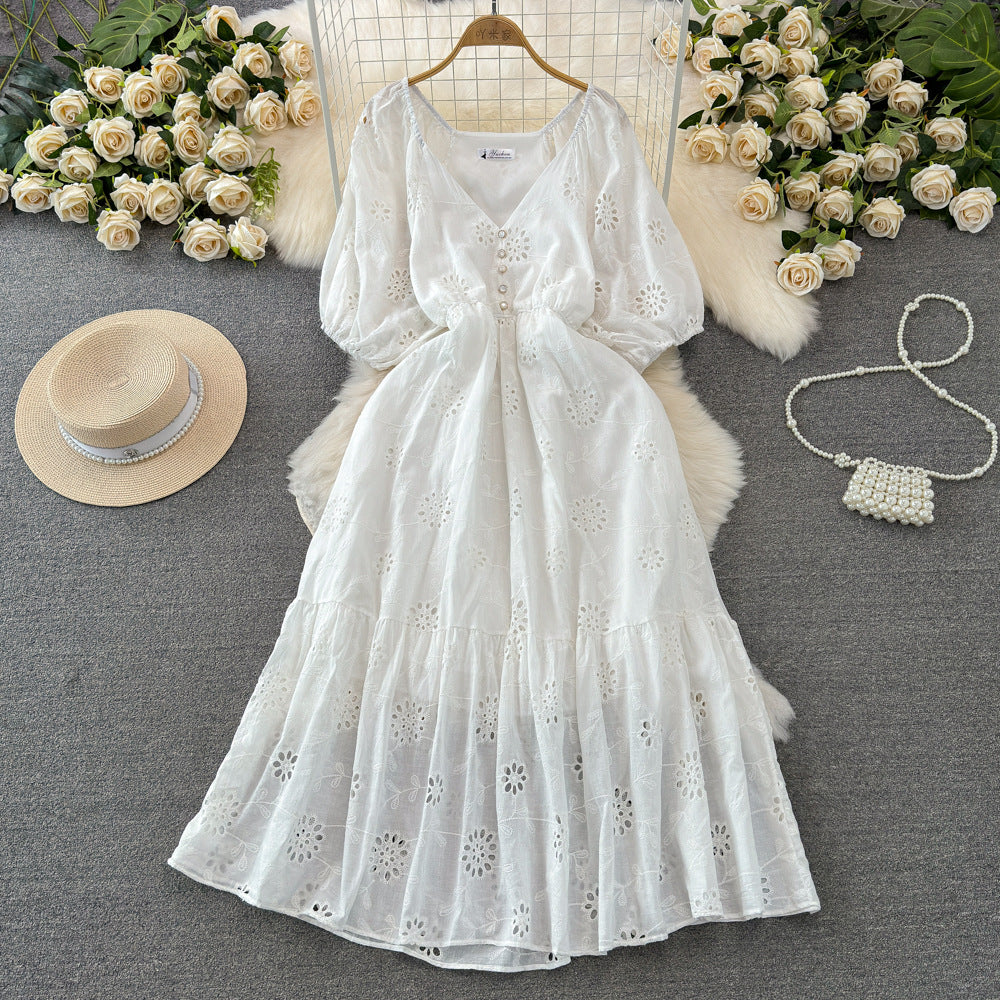 Temperament Short Sleeve V-neck Waist-controlled Slimming A- Line Hollow Embroidery Dress