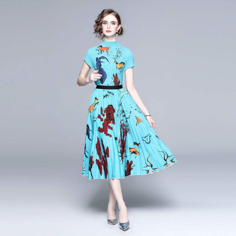 Western Style Printed Stand Collar Elegant Slim Slimming Pleated Fashion Suit Two-piece Set